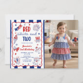 Rood Wit en Twee 2de Verjaardag Foto Uitnodiging (Voorkant)
