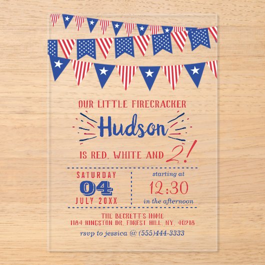 Rood, wit en twee! 4 juli 2002: Tweede verjaardag Acryl Uitnodigingen (Voorkant)