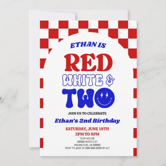 Rood Wit en Twee 4 juli 2 Verjaardagsfeestje Kaart (Voorkant)