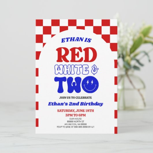 Rood Wit en Twee 4 juli 2 Verjaardagsfeestje Kaart (Staand voorkant)