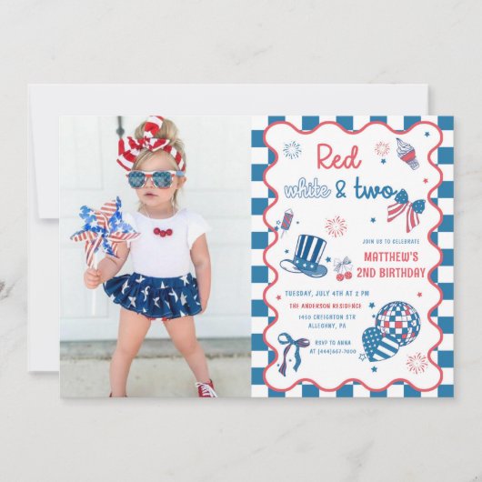Rood, wit en twee 4 juli 2 verjaardagsfoto kaart (Voorkant)