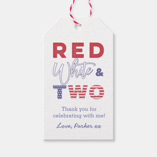 Rood Wit en TWEE Amerikaanse 2e Verjaardagsfeestje Cadeaulabel (Voorkant)