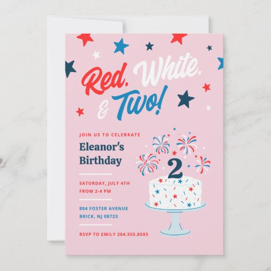Rood wit en twee tweede verjaardagsfeest kaart (Voorkant)