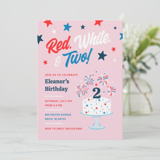 Rood wit en twee tweede verjaardagsfeest kaart (Staand voorkant)