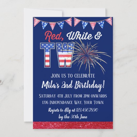 Rood wit en twee vierde juli tweede verjaardag kaart (Voorkant)