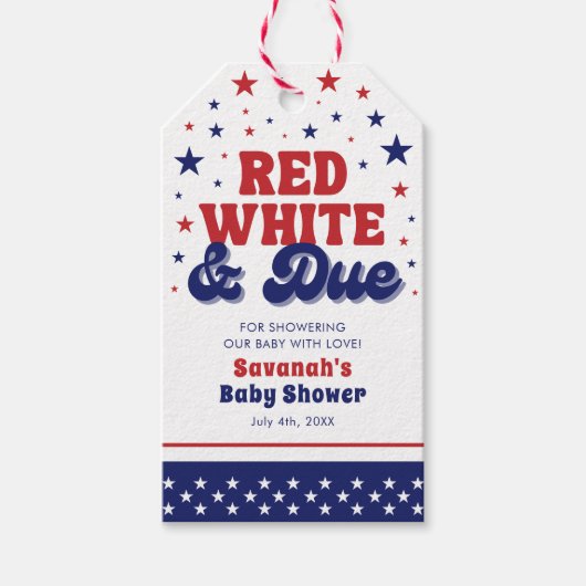 Rood, Wit en Verschuldigd 4 juli Patriottisch Baby Cadeaulabel (Voorkant)