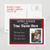 Rood wit en zwart afstuderen open huis invitati uitnodiging briefkaart (Voorkant / Achterkant)