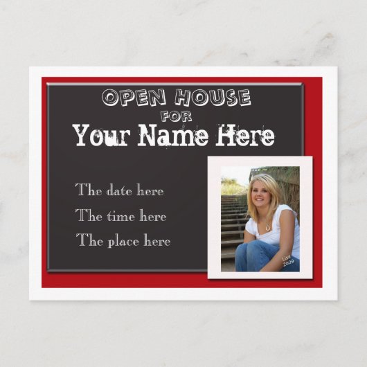 Rood wit en zwart afstuderen open huis invitati uitnodiging briefkaart (Voorkant)