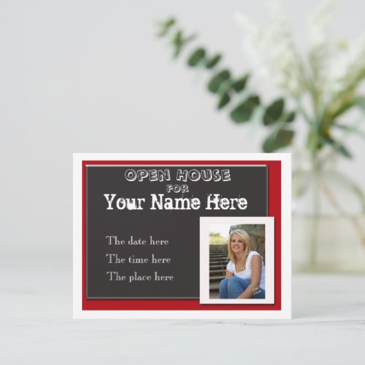 Rood wit en zwart afstuderen open huis invitati uitnodiging briefkaart (Staand voorkant)