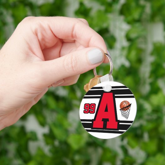 Rood, wit en zwart Basketball Letter en Number Sleutelhanger (Hand)