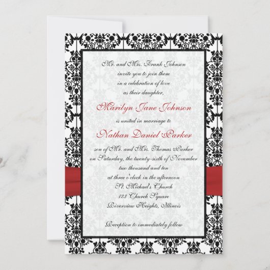Rood, Wit en Zwart Damask II Uitnodiging voor brui (Achterkant)