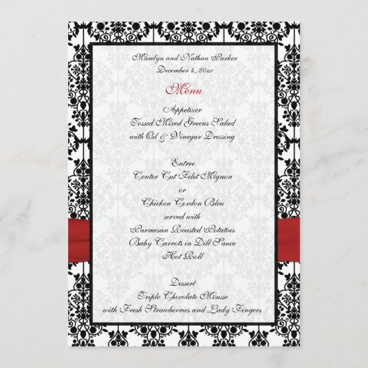 Rood, wit en zwart Damask Wedding Menu Kaart (Achterkant)