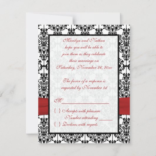 Rood, Wit en Zwart Damast II RSVP-kaart RSVP Kaartje (Achterkant)