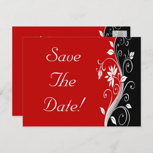 Rood wit en zwart Floral bruiloft sparen de datum Aankondigingskaart (Voorkant / Achterkant)