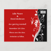 Rood wit en zwart Floral bruiloft sparen de datum Aankondigingskaart (Achterkant)