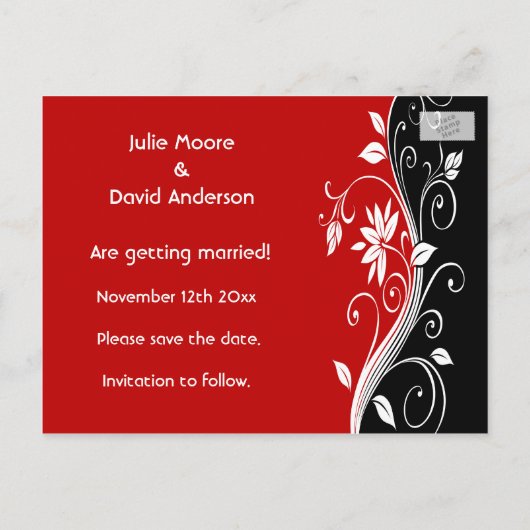 Rood wit en zwart Floral bruiloft sparen de datum Aankondigingskaart (Achterkant)