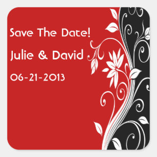 Rood wit en zwart Floral bruiloft sparen de datum Vierkante Sticker