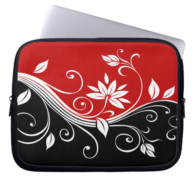 Rood wit en zwart Floral Laptop Sleeve (Voorkant)