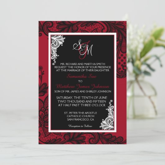Rood wit en zwart kant bruiloft uitnodiging Kaart (Staand voorkant)