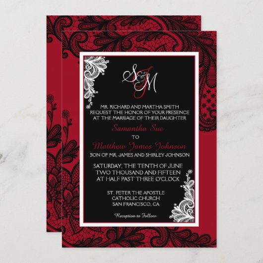 Rood wit en zwart kant bruiloft uitnodiging Kaart (Voorkant / Achterkant)