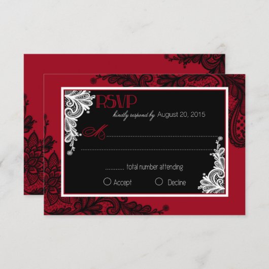 Rood wit en zwart kant Elegant RSVP-kaart RSVP Kaartje (Voorkant / Achterkant)