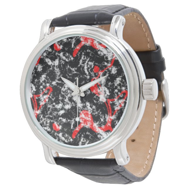 Rood, Wit en Zwart Marmer Abstract Horloge (Gekanteld)