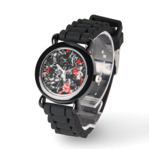 Rood, Wit en Zwart Marmer Abstract Horloge