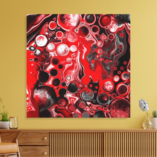 Rood, wit en zwart-witschilderende fluïde kunst canvas afdruk (Insitu (Woonkamer))