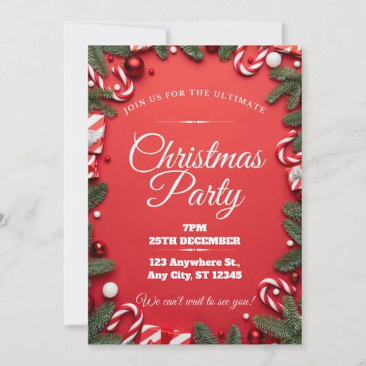 Rood & Wit Feestelijke Uitnodiging van het Kerstmi (Voorkant)