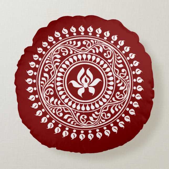 Rood & Wit Festief Rangoli Rond Kussen (Voorkant)