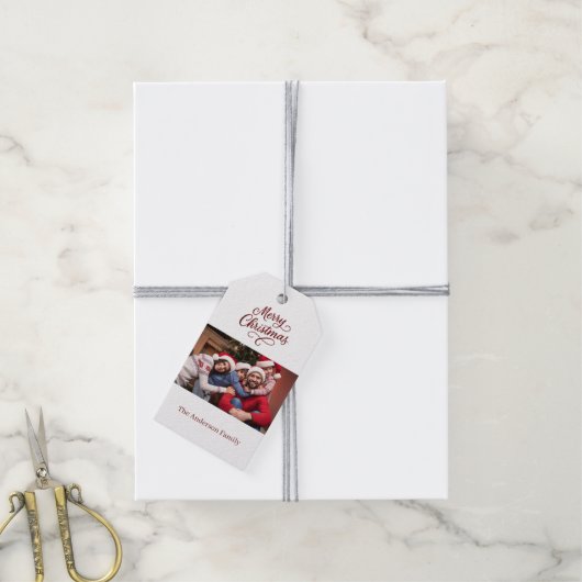Rood wit fotoscript Kerstmis Cadeaulabel (Met Touw)