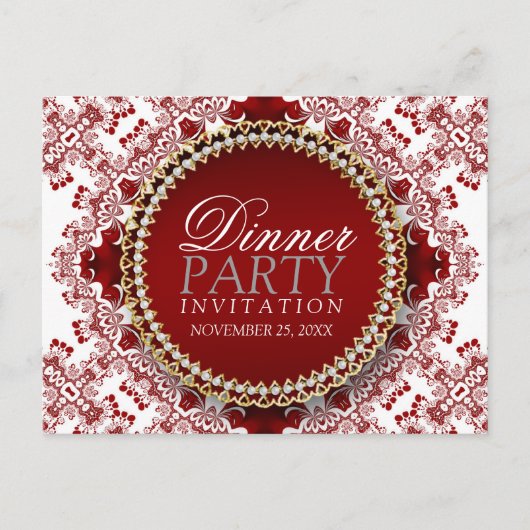 Rood & Wit Fractal Kant Dinner Uitnodiging (Voorkant)