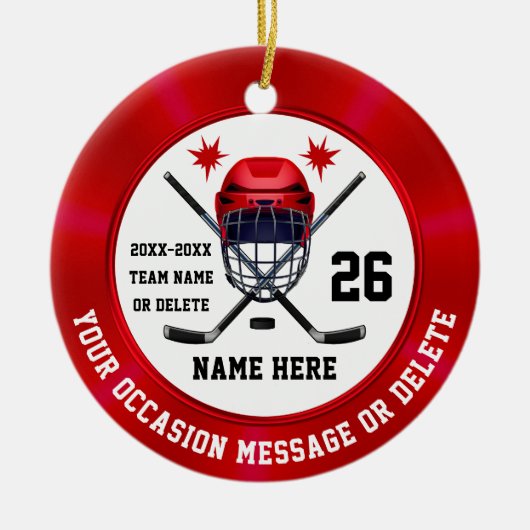 Rood Wit Gepersonaliseerd, Hockey Kerst Ornament (Voorkant)