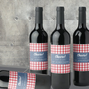Rood Wit Geruit Gingham & Blauwe Denim Cheers Wijn Etiket