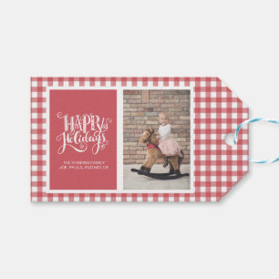Rood-wit geruit Kerst familie foto Cadeaulabel