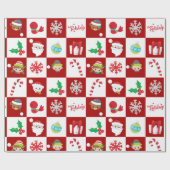 Rood Wit Geruit Kerstmis Xmas Cartoon  Cadeaupapier (Vlak)