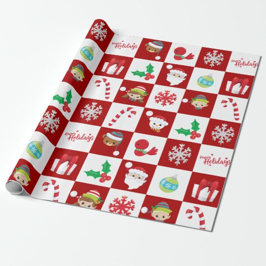 Rood Wit Geruit Kerstmis Xmas Cartoon  Cadeaupapier (Uitgerold)