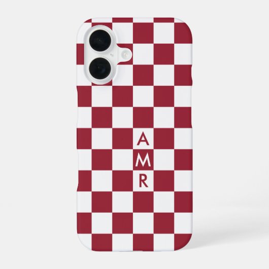 Rood wit geruit patroon met monogram iPhone 16 hoesje (Achterkant)