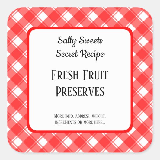 Rood-wit geruit retro aangepast inmaak- of receptl vierkante sticker (Voorkant)