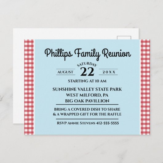 Rood & Wit Geruit Tafelkleed Blauw Familie Reünie Uitnodiging Briefkaart (Voorkant / Achterkant)