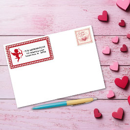 Rood & Wit Geruit Valentijn Cupido & Boog Etiket