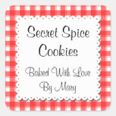 Rood Wit geruite Doily Custom Baking Vierkante Sticker (Voorkant)