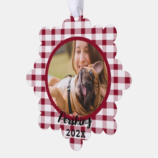 Rood wit geruite hond huisdier Memorial aangepaste Ornament Kaart (Links)
