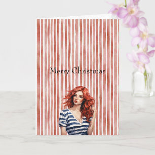 Rood Wit Gestreepte Kerst Vrouw Rood Haar Kaart