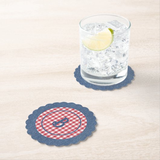 Rood & Wit Gingham, Blauwe Denim Print, Initiaal ( Kartonnen Onderzetters (Insitu)