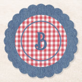 Rood & Wit Gingham, Blauwe Denim Print, Initiaal ( Kartonnen Onderzetters (Voorkant)