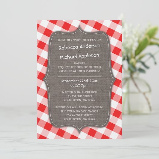 Rood & Wit Gingham Canvas Bruiloft uitnodigingen (Staand voorkant)