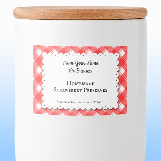 Rood wit Gingham met aangepast voedseletiket Voedselcontainer Etiket