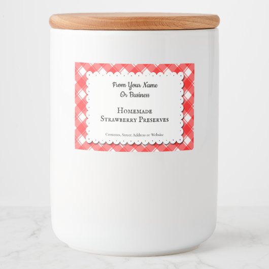 Rood wit Gingham met aangepast voedseletiket Voedselcontainer Etiket (Voorkant)