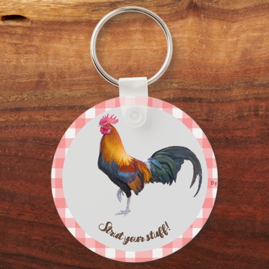 Rood & Wit Gingham met  Haan Sleutelhanger (Voorkant)